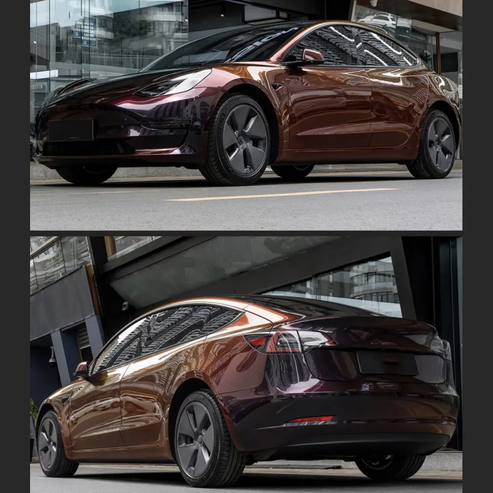 Ravoony Plus Glossy Diamond Black Red Vinyl Car Wrap Tesla Model 3 Wrap