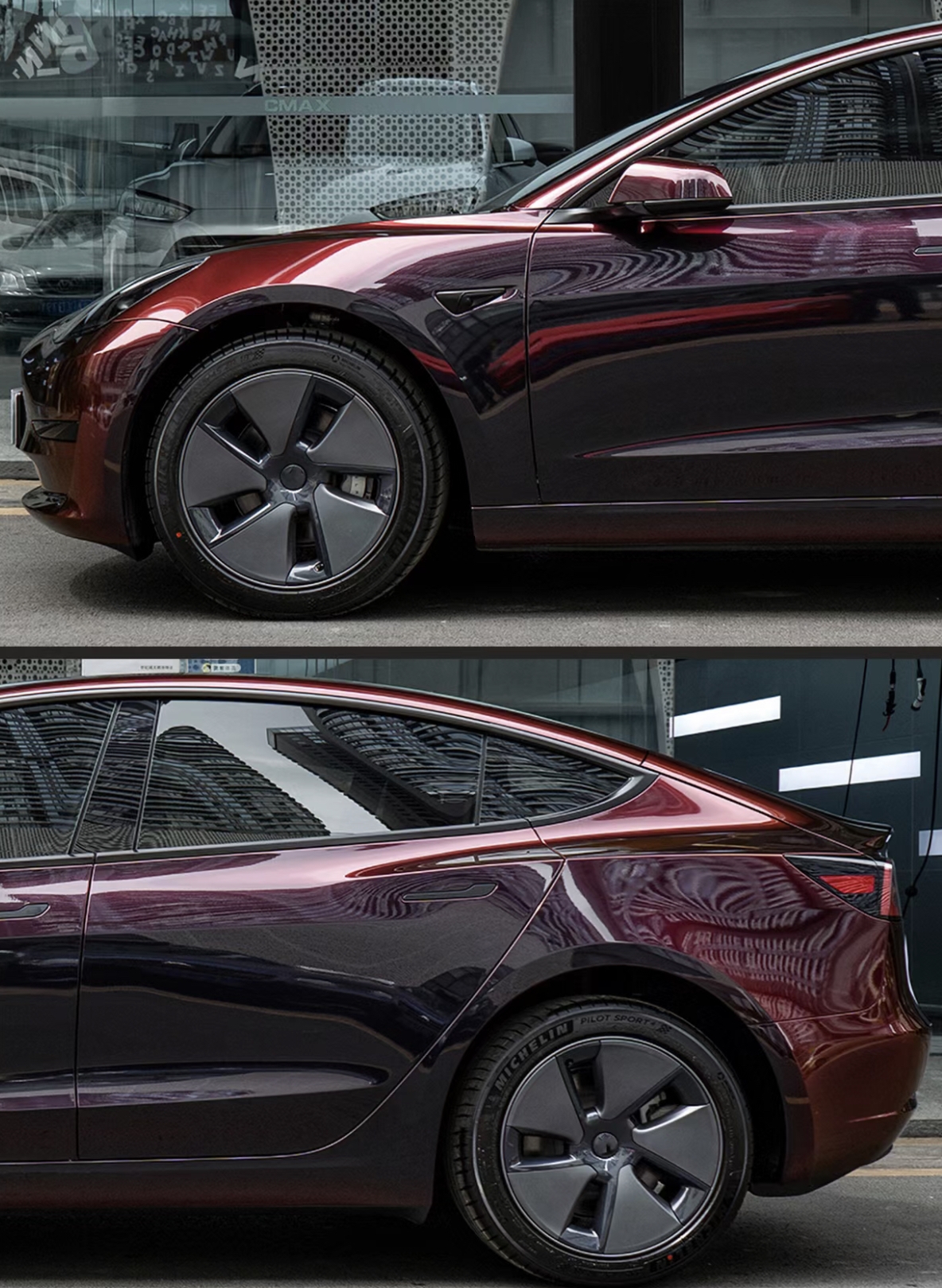 Ravoony Plus Glossy Diamond Black Red Vinyl Car Wrap Tesla Model 3 Wrap