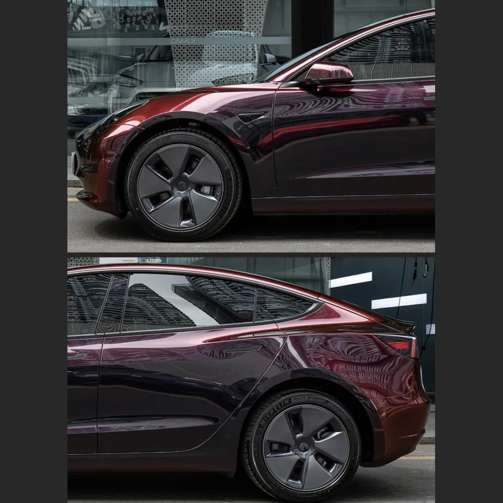 Ravoony Plus Glossy Diamond Black Red Vinyl Car Wrap Tesla Model 3 Wrap