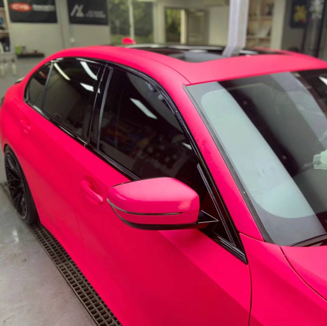 Ravoony Plus Ultimate Flat Fluorescent Pink Car Vinyl Wrap BMW 3 Series Wrap