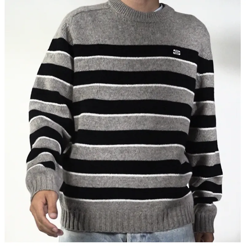 Top Quality TRIOMPHE CREW NECK SWEATER IN STRIPED WOOL LIGHT REY/BLACK  2AE4B896T.06BK  
