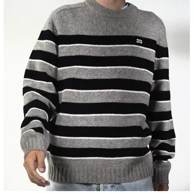 Top Quality TRIOMPHE CREW NECK SWEATER IN STRIPED WOOL LIGHT REY/BLACK  2AE4B896T.06BK   01