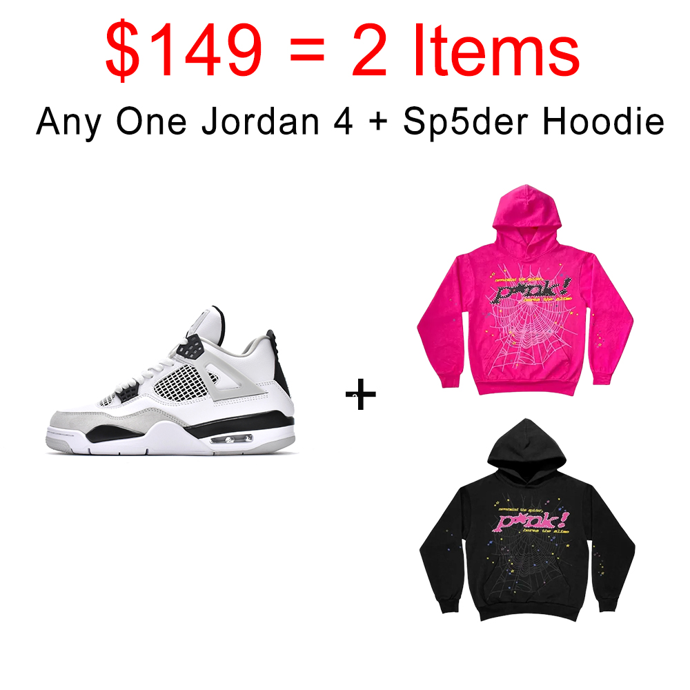  {Hot Sale Combination}Top Quality PKgod Air Jordan 4 Retro Military Black & Sp5der Hoodie - 2 items 
