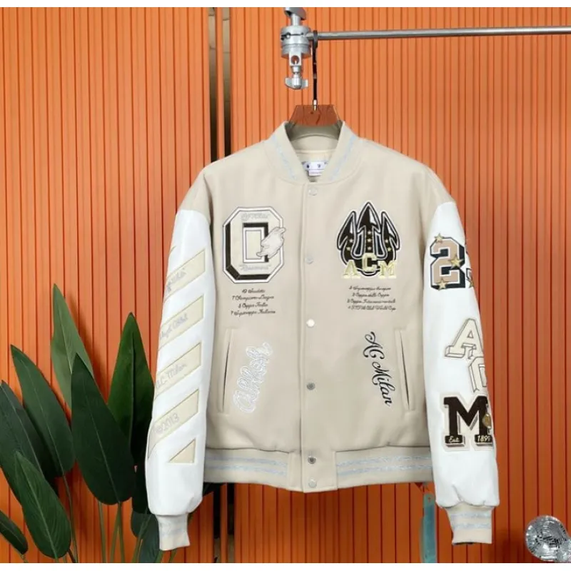 Top Quality OFF-WHITE Graphics Leather Varsity Jacket 