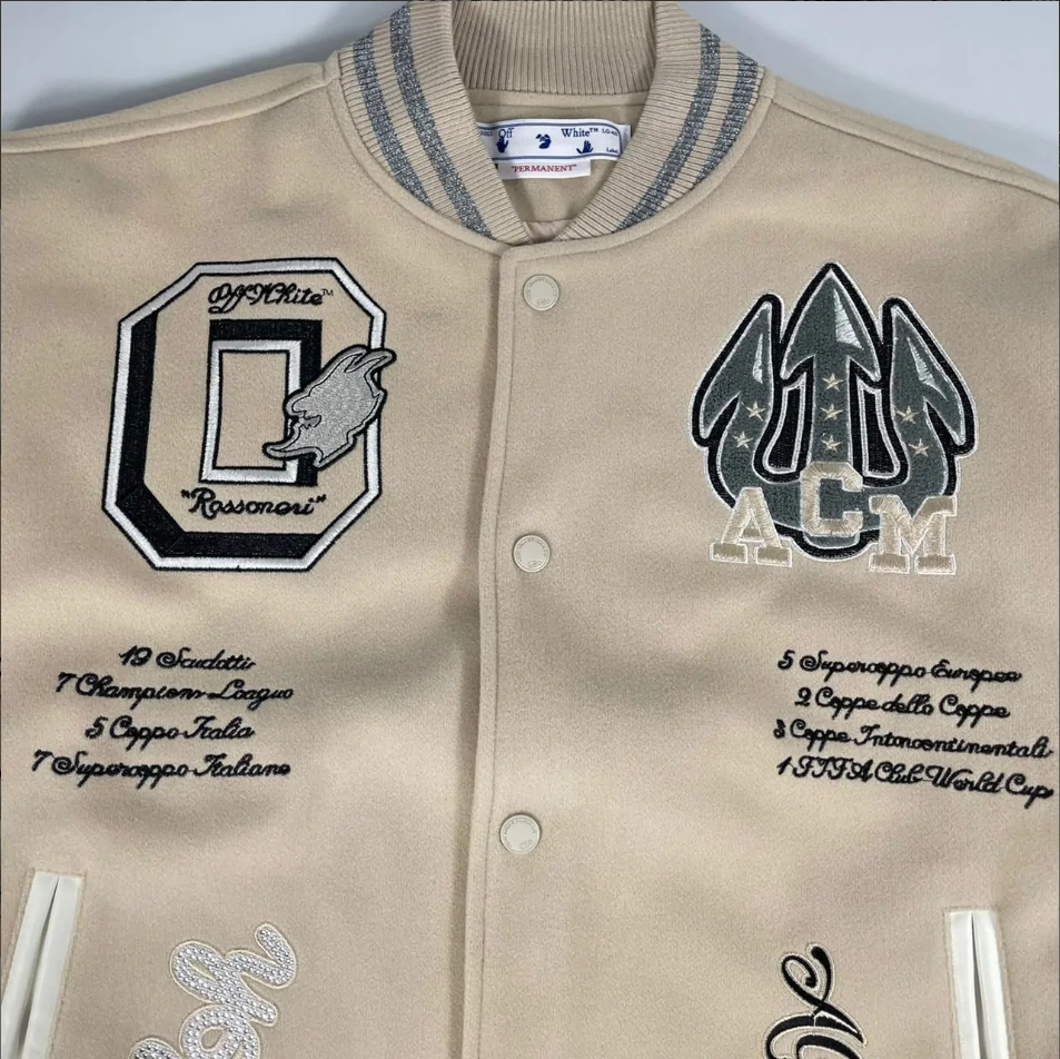 Top Quality     OFF-WHITE Graphics Leather Varsity Jacket 