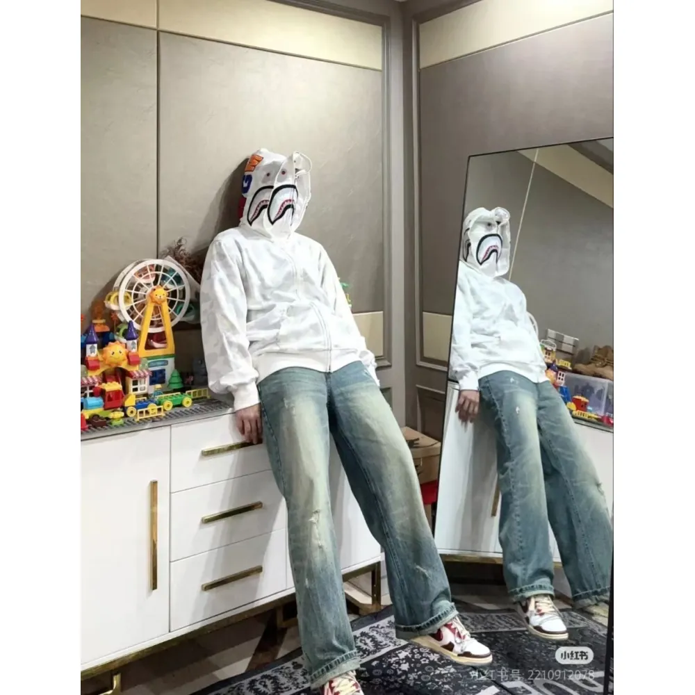 Top Quality  BAPE City Camo Shark Full Zip Hoodie White （Glow） 