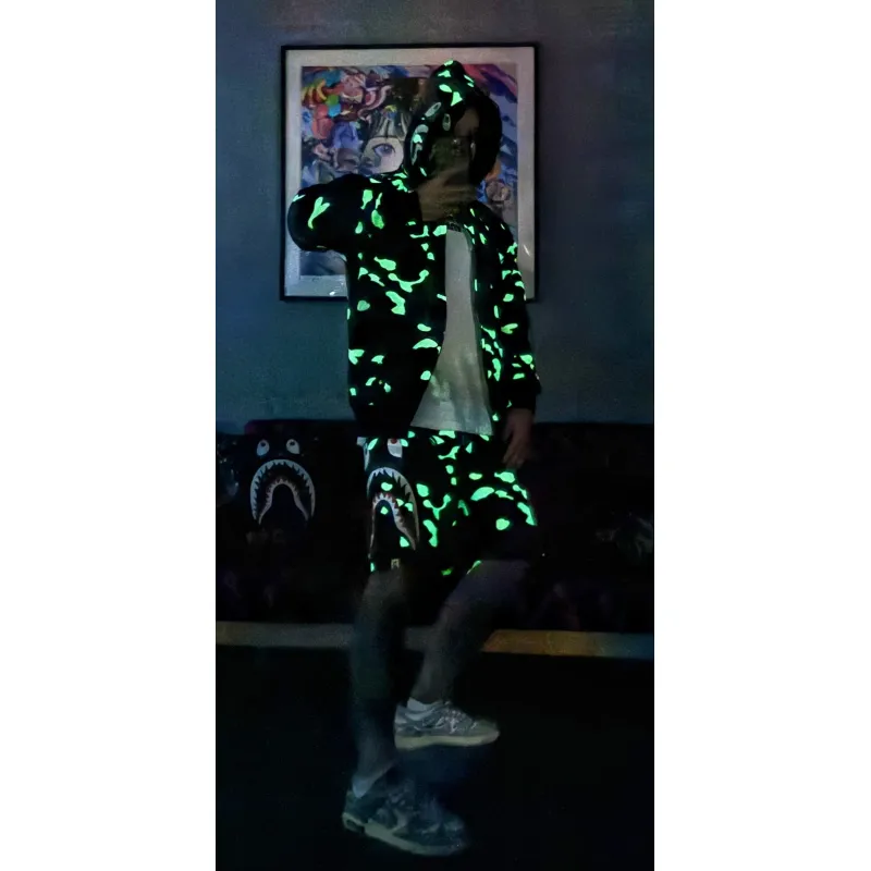 Top Quality BAPE City Camo Shark WGM Full-Zip Hoodie Black（Glow） 