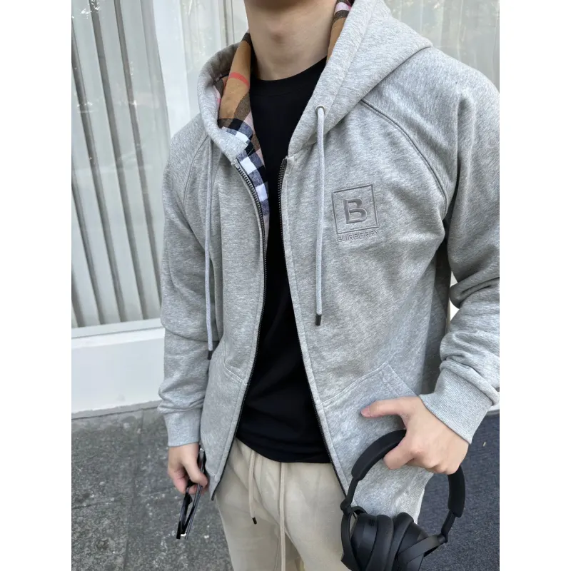 Top Quality  Burberry Letter Graphic Cotton Blend Zip Hoodie Pale Grey Melange 