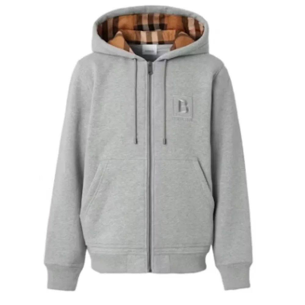 Top Quality  Burberry Letter Graphic Cotton Blend Zip Hoodie Pale Grey Melange 