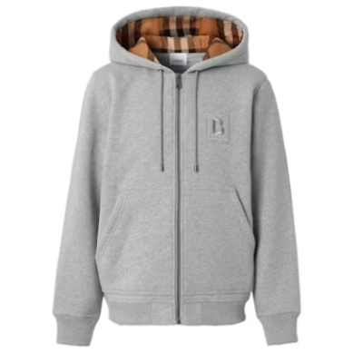 Top Quality  Burberry Letter Graphic Cotton Blend Zip Hoodie Pale Grey Melange  01