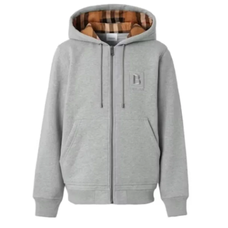 Top Quality  Burberry Letter Graphic Cotton Blend Zip Hoodie Pale Grey Melange 