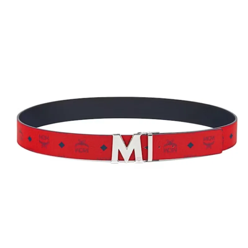 Top quality MCM Claus M Reversible Belt Visetos Monogram Red/Silver