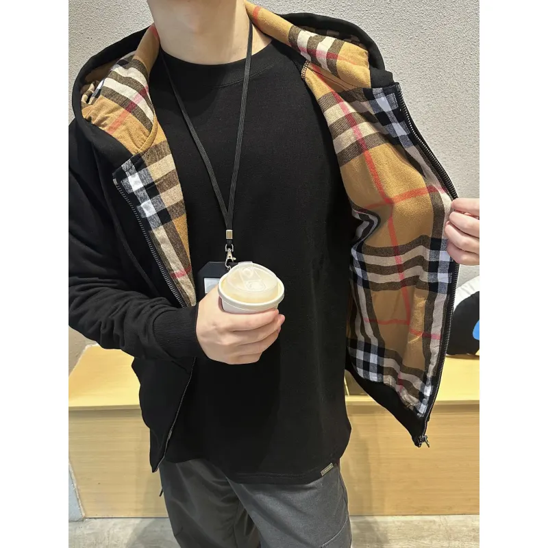 Top Quality Burberry 22FW B Label Plaid Hooded Zip Hooded Sweatshirt 