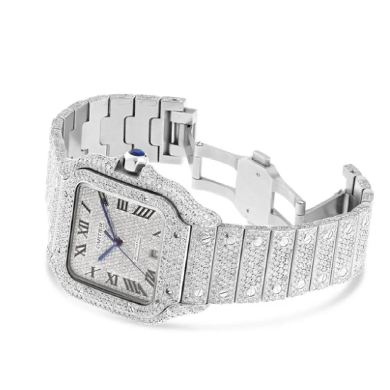 Moissanite Full Diamond Santos De Cartier Watch With Silver Dial