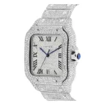 Moissanite Full Diamond Santos De Cartier Watch With Silver Dial