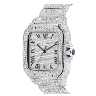 Moissanite Full Diamond Santos De Cartier Watch With Silver Dial 02