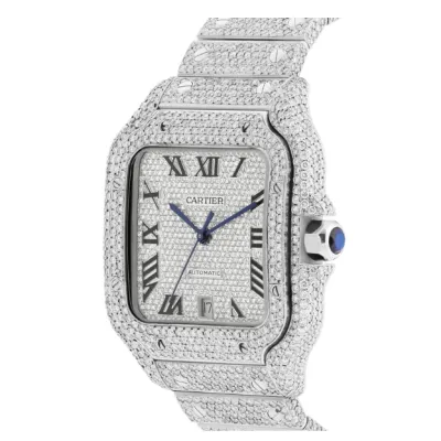 Moissanite Full Diamond Santos De Cartier Watch With Silver Dial 02