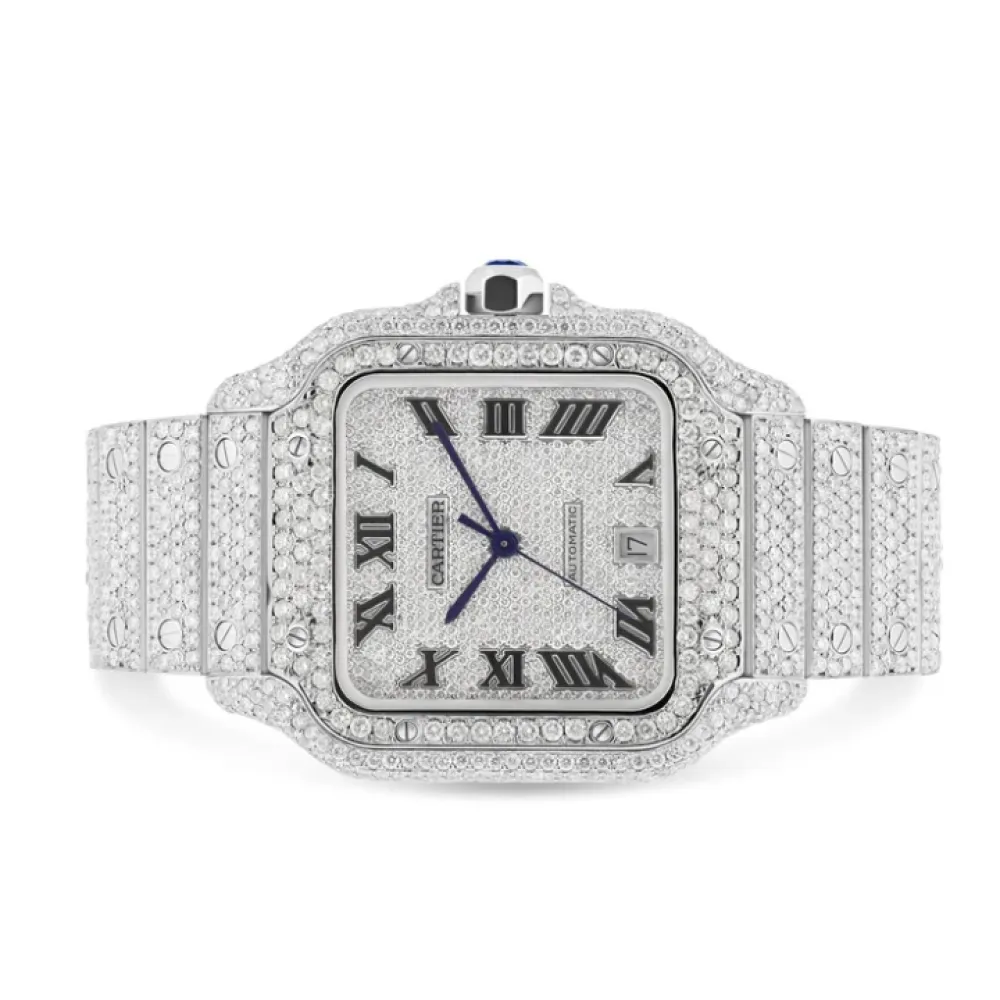 Moissanite Full Diamond Santos De Cartier Watch With Silver Dial