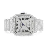 Moissanite Full Diamond Santos De Cartier Watch With Silver Dial