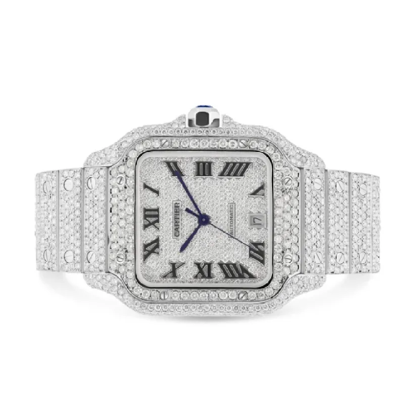 Moissanite Full Diamond Santos De Cartier Watch With Silver Dial