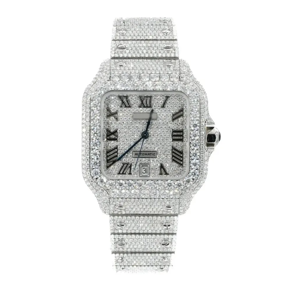 Moissanite Full Diamond Santos De Cartier Watch With Silver Dial
