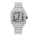 Moissanite Full Diamond Santos De Cartier Watch With Silver Dial