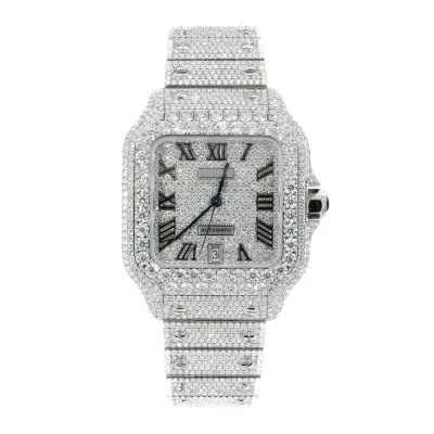 Moissanite Full Diamond Santos De Cartier Watch With Silver Dial 01