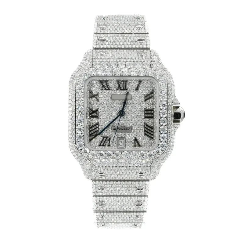 Moissanite Full Diamond Santos De Cartier Watch With Silver Dial