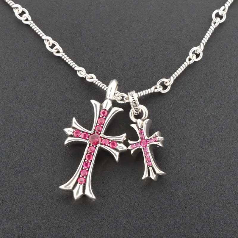 Top Quality Chrome Hearts Double Cross Bamboo Necklace with Purple Diamonds