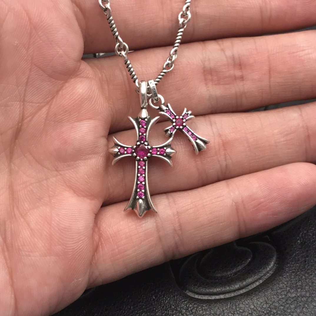 Top Quality Chrome Hearts Double Cross Bamboo Necklace with Purple Diamonds