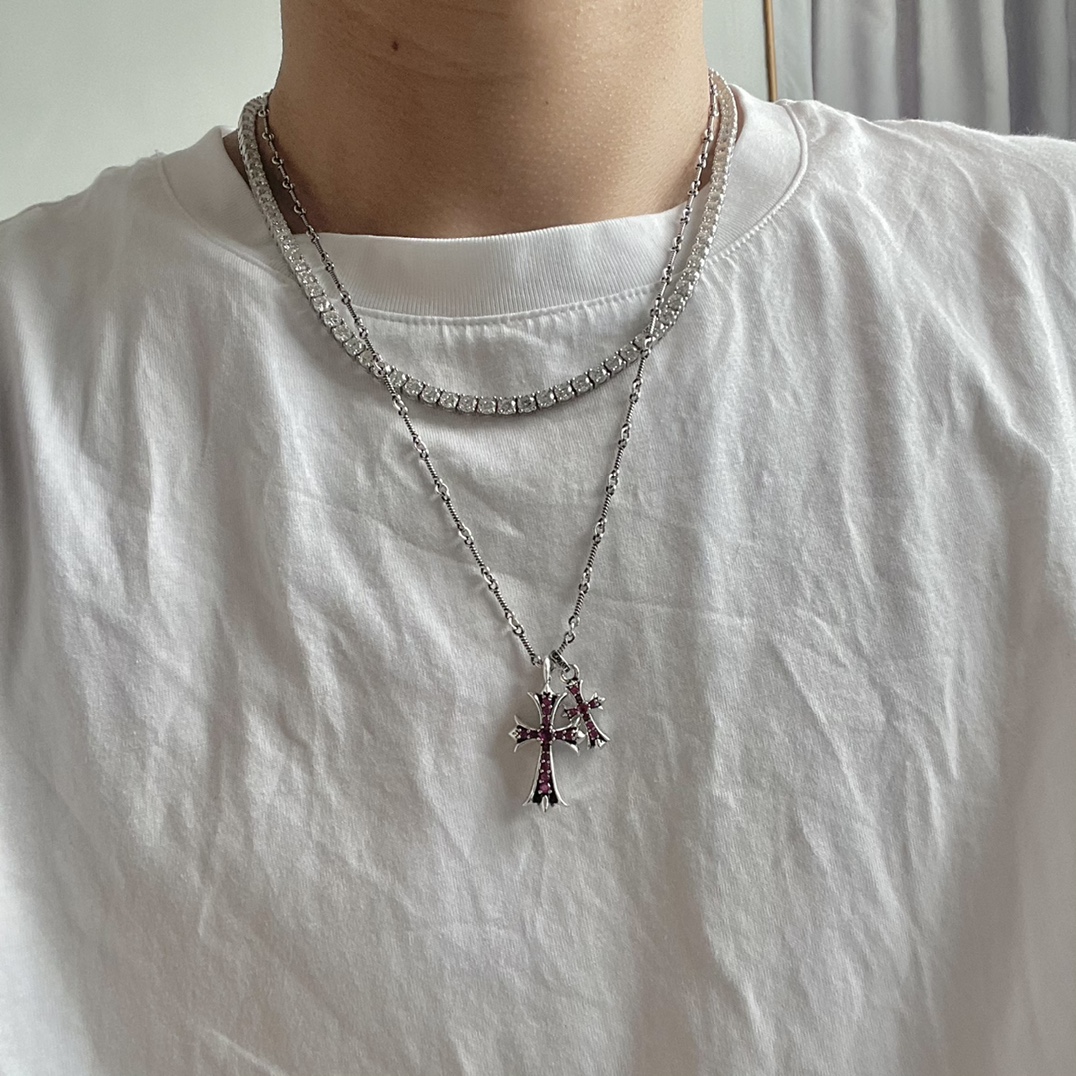 Top Quality Chrome Hearts Double Cross Bamboo Necklace with Purple Diamonds