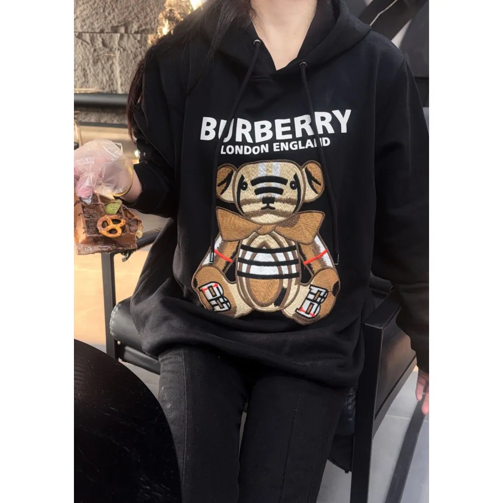 Top Quality Burberry Embroidered Bear Hoodie Black 