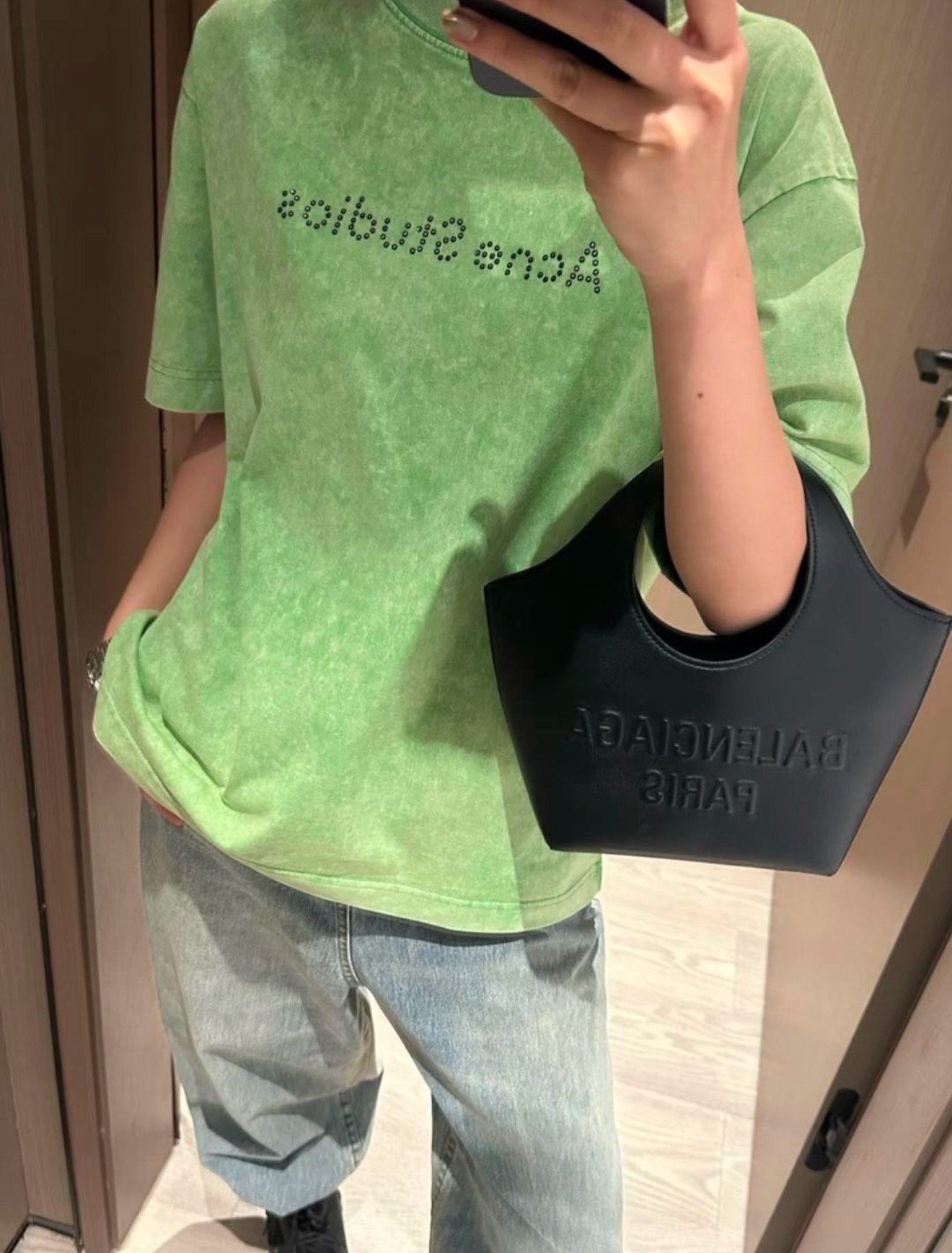 Top Quality Acne Studios 25SS beads letter short-sleeved T-shirt (Green)