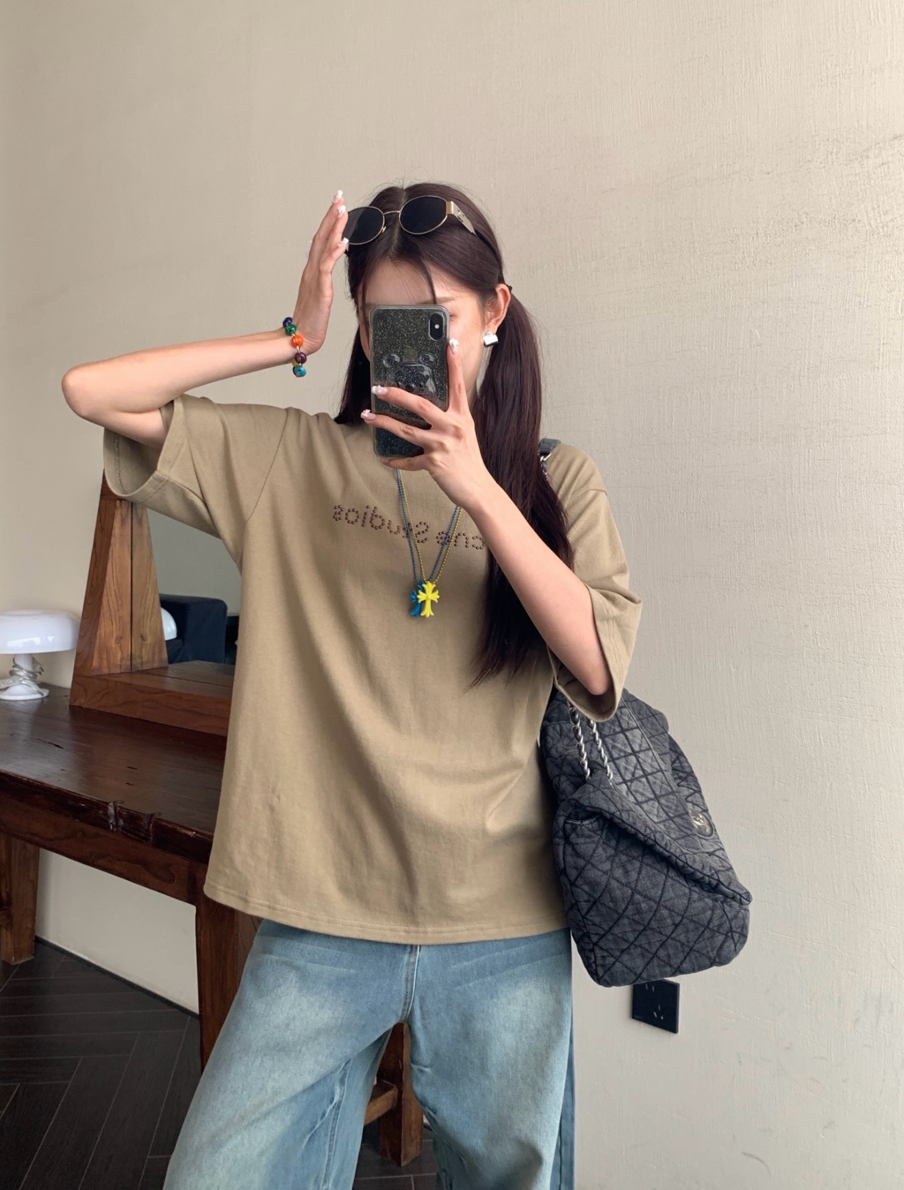 Top Quality Acne Studios 25SS beads letter short-sleeved T-shirt (Brown)