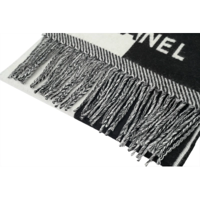 Chanel Two-Tone Wool Fringe Scarf in White and Black 02