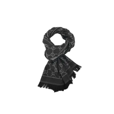 Gucci Double G Velvet Jacquard Fringe Scarf Black 01