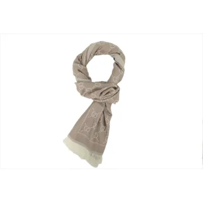 Gucci Double G Velvet Jacquard Fringe Scarf Khaki 01