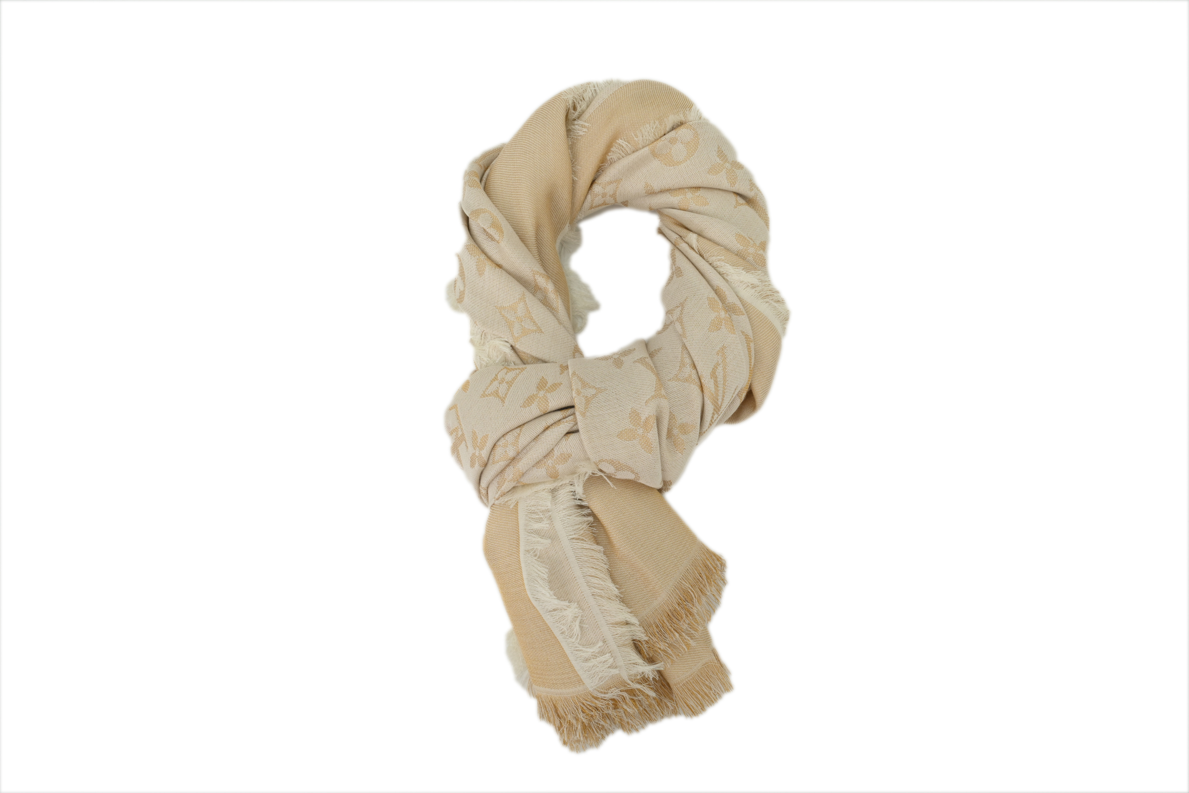 Louis Vuitton Full Print Wool Fringe Scarf in Khaki