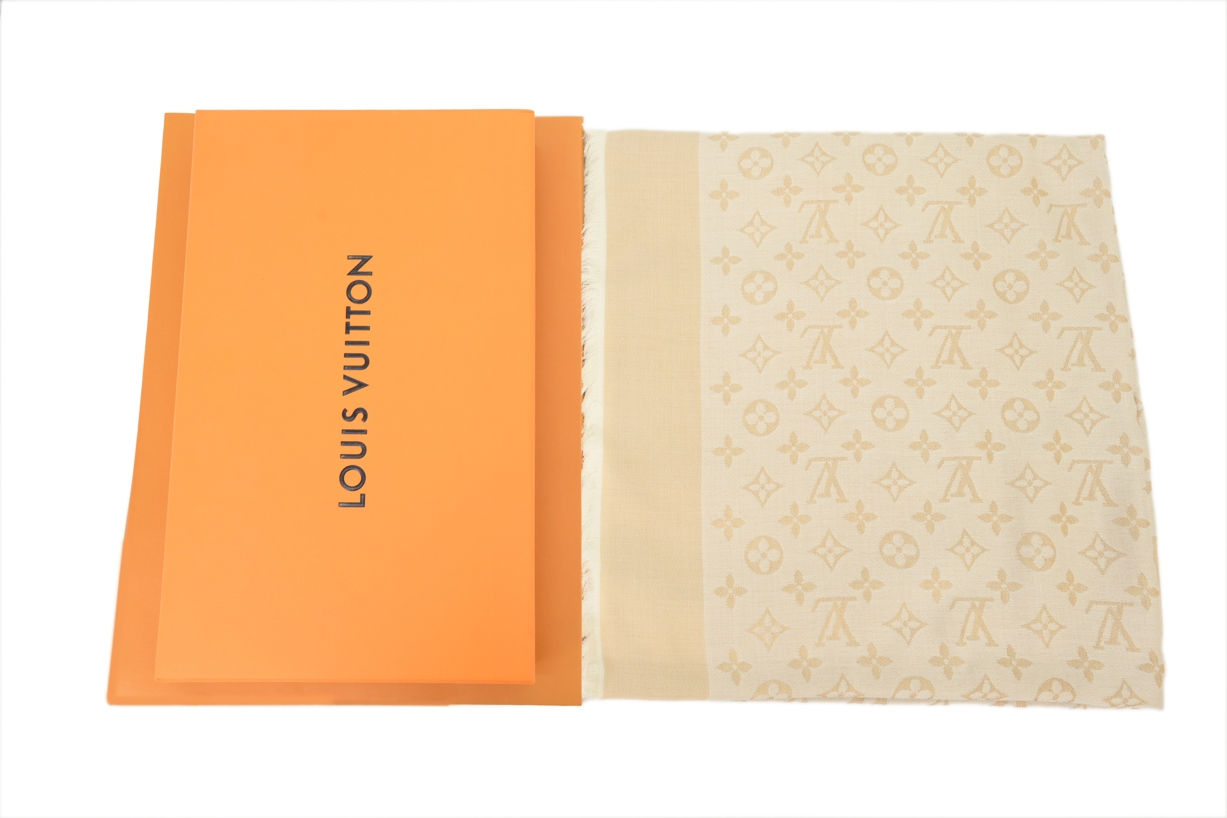 Louis Vuitton Full Print Wool Fringe Scarf in Khaki