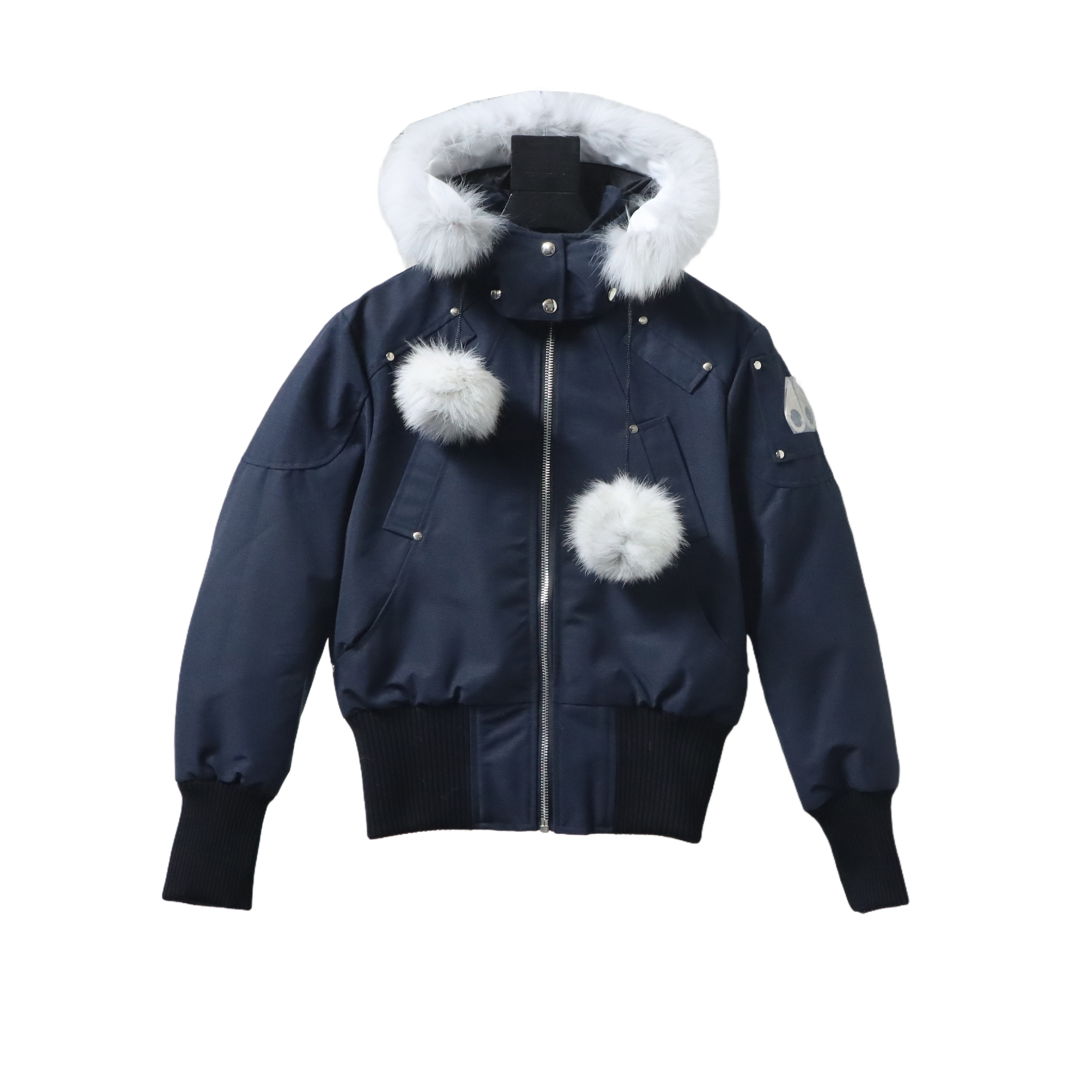 Top Quality Moose Knuckles Classic Women's Down Jacket with Chest Pom-Pom Navy