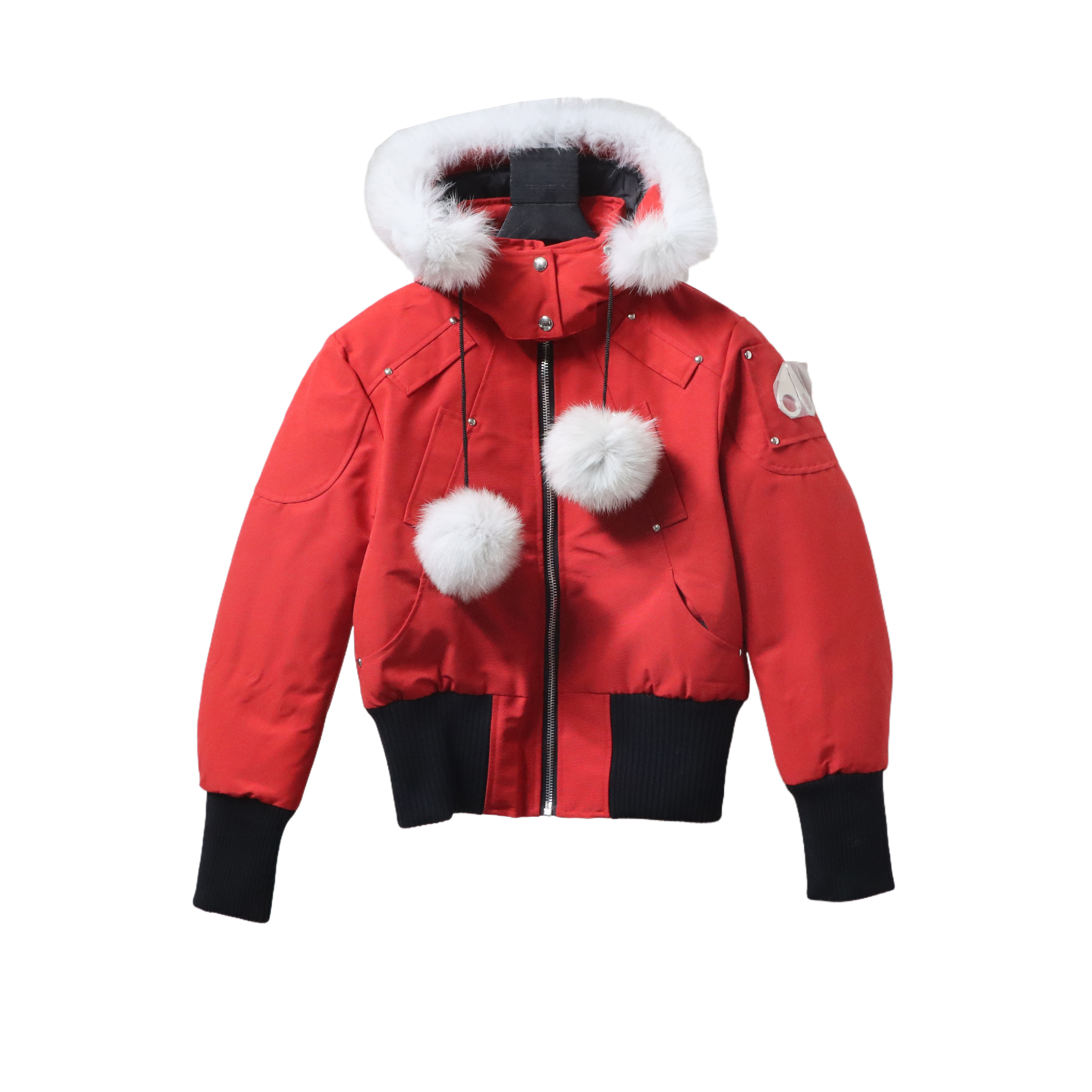 Top Quality Moose Knuckles Classic Women's Down Jacket with Chest Pom-Pom Red