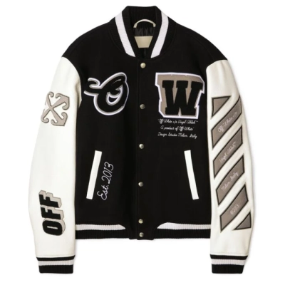 Top Quality Off-White Leather Wool Varsity Jacket 01