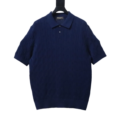 Top Quality  Loro Piana Cable-Knit Cotton Polo Shirt Blue 01