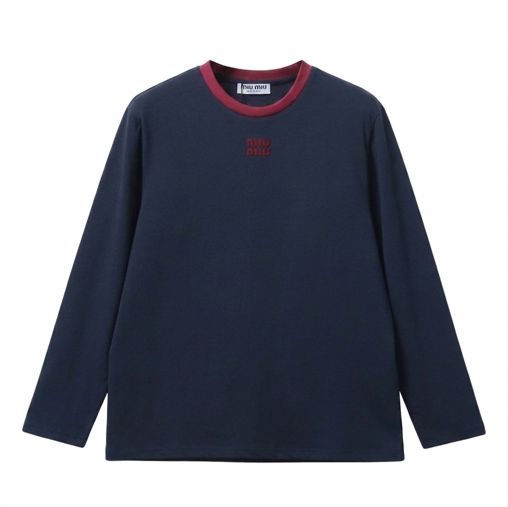 Top Quality    Miu Miu Long-sleeved cotton jersey T-shirt Blue/Burgundy