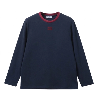 Miu Miu Long-sleeved cotton jersey T-shirt Blue/Burgundy 01