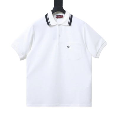 Cotton polo shirt with Interlocking G embroidered pocket in white 01 01