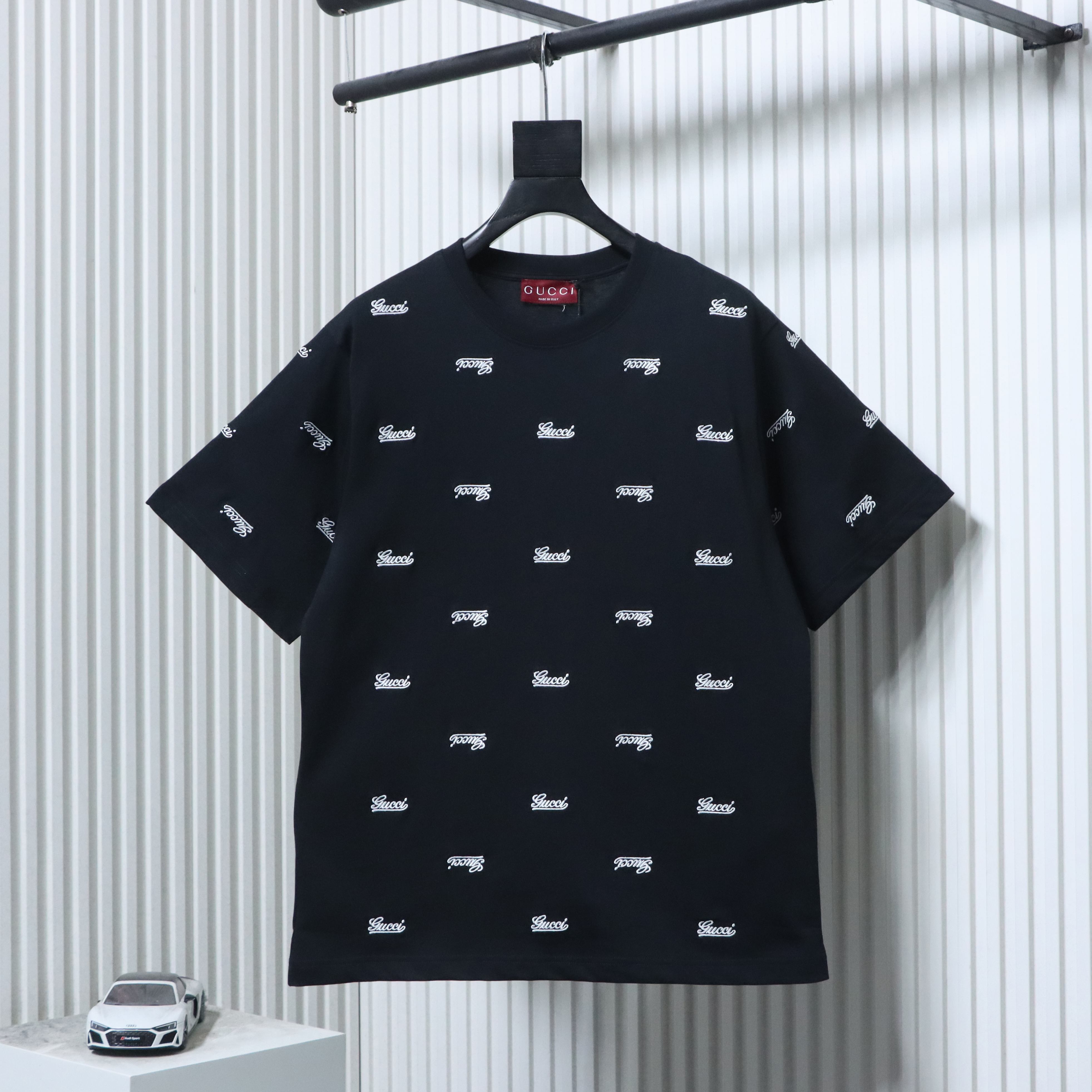 Top Quality    Cotton T-shirt with all-over Gucci logo embroidery
