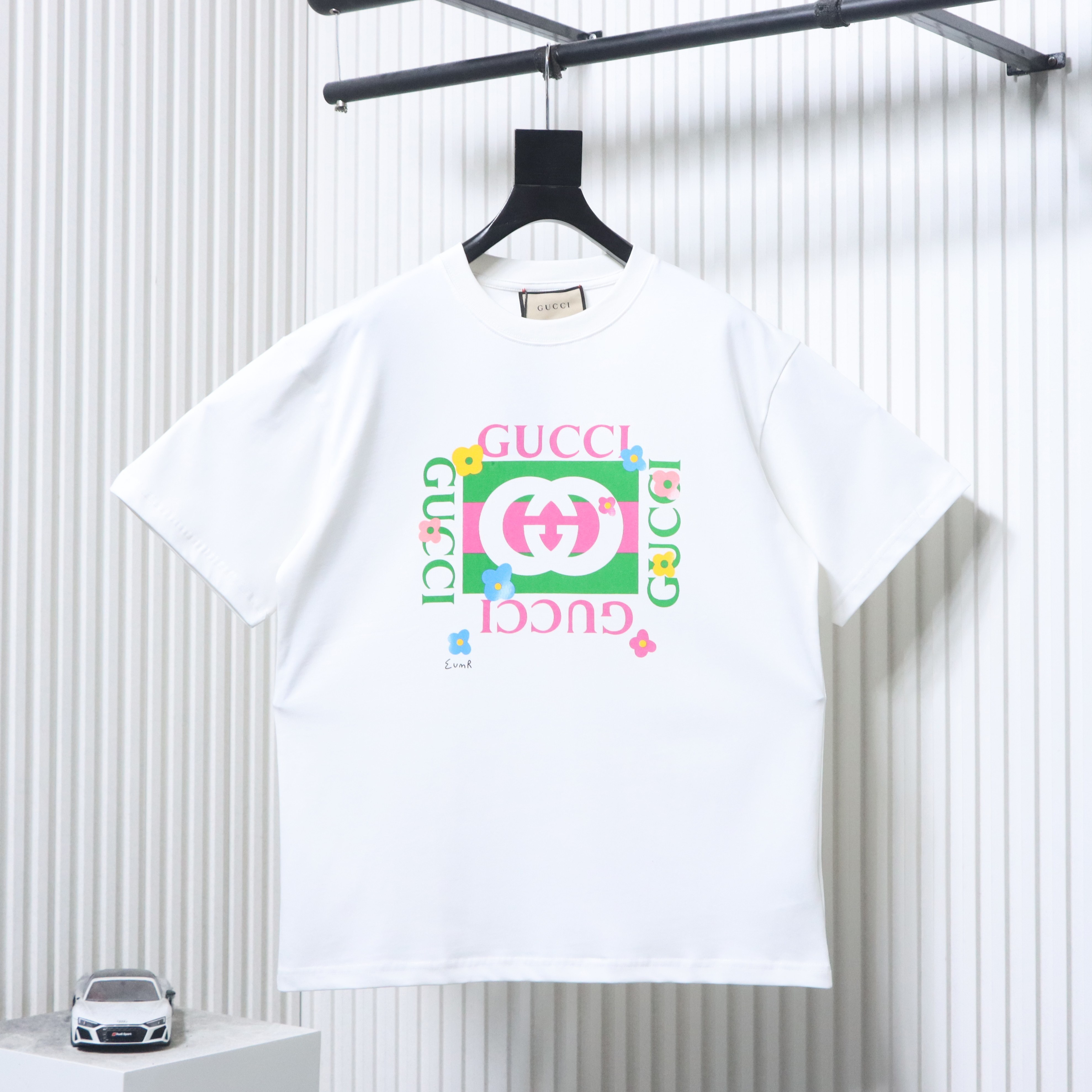 Top Quality    Cotton T-shirt with floral check Interlocking G print