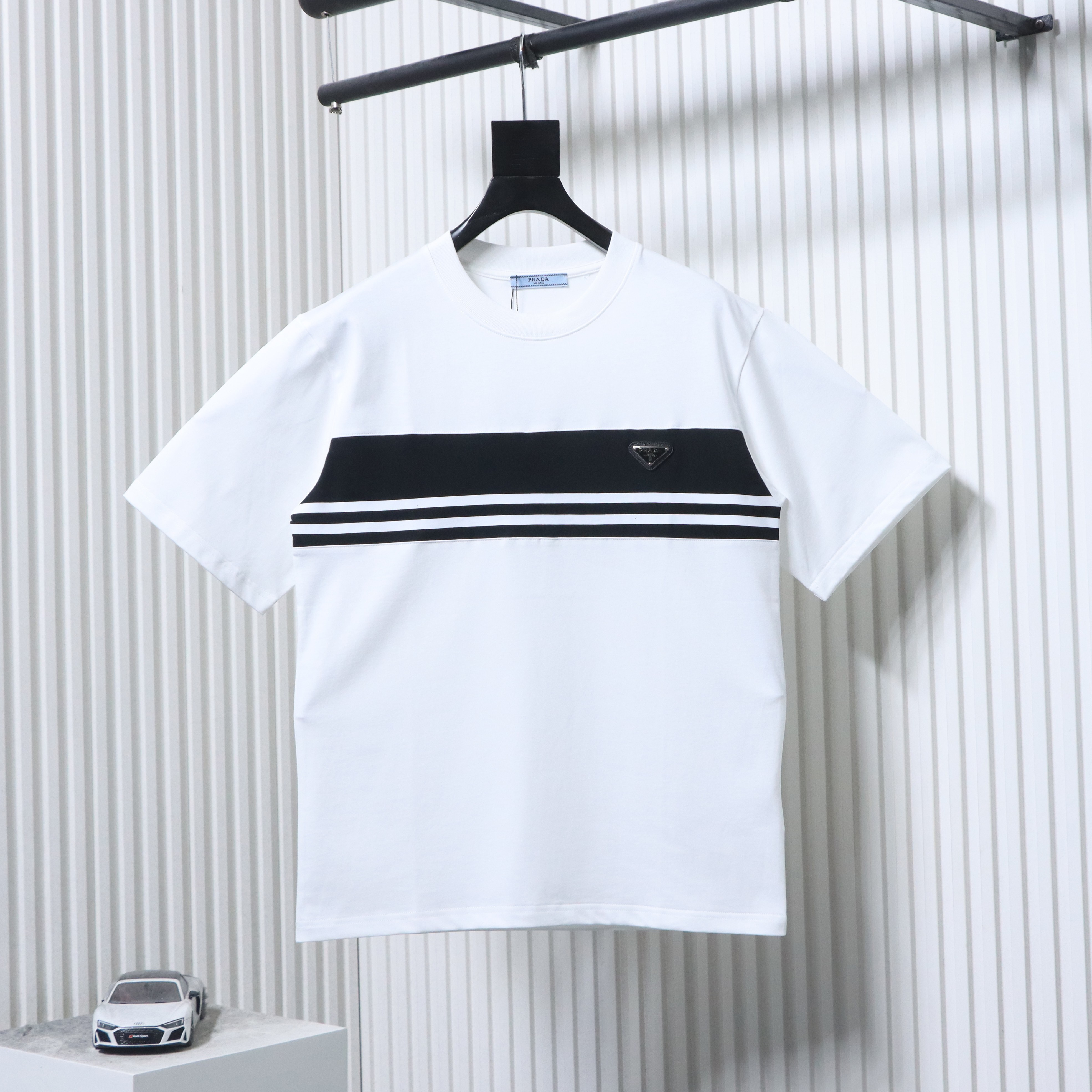    Prada Stripe Panel Triangle Logo T-Shirt