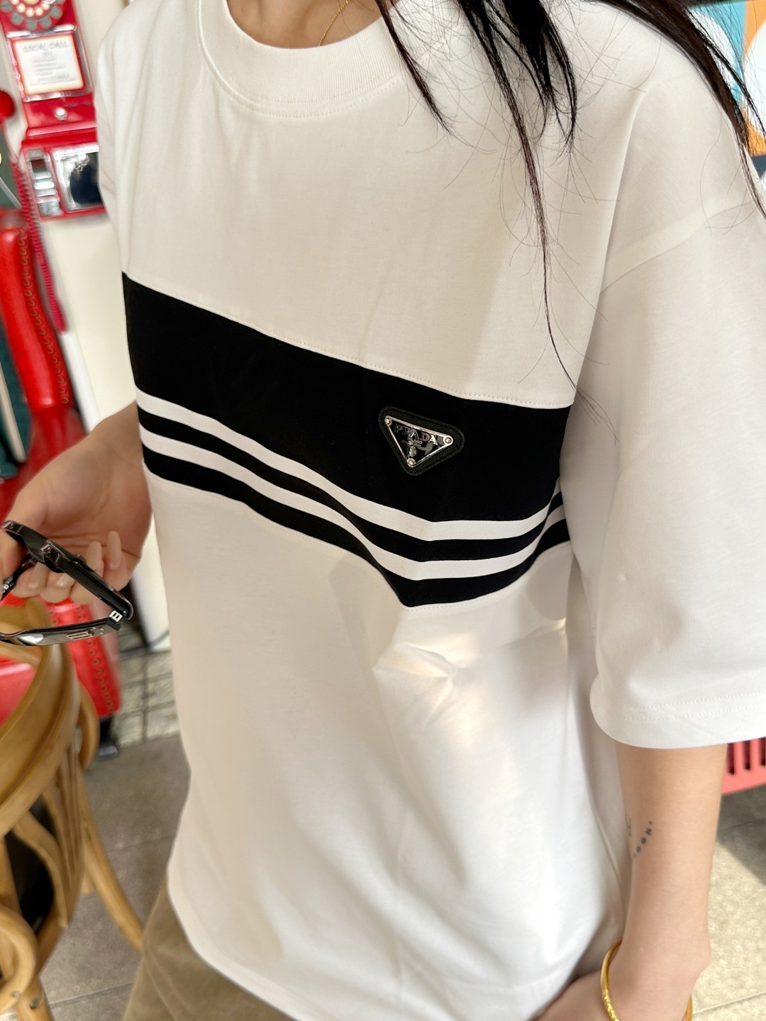    Prada Stripe Panel Triangle Logo T-Shirt